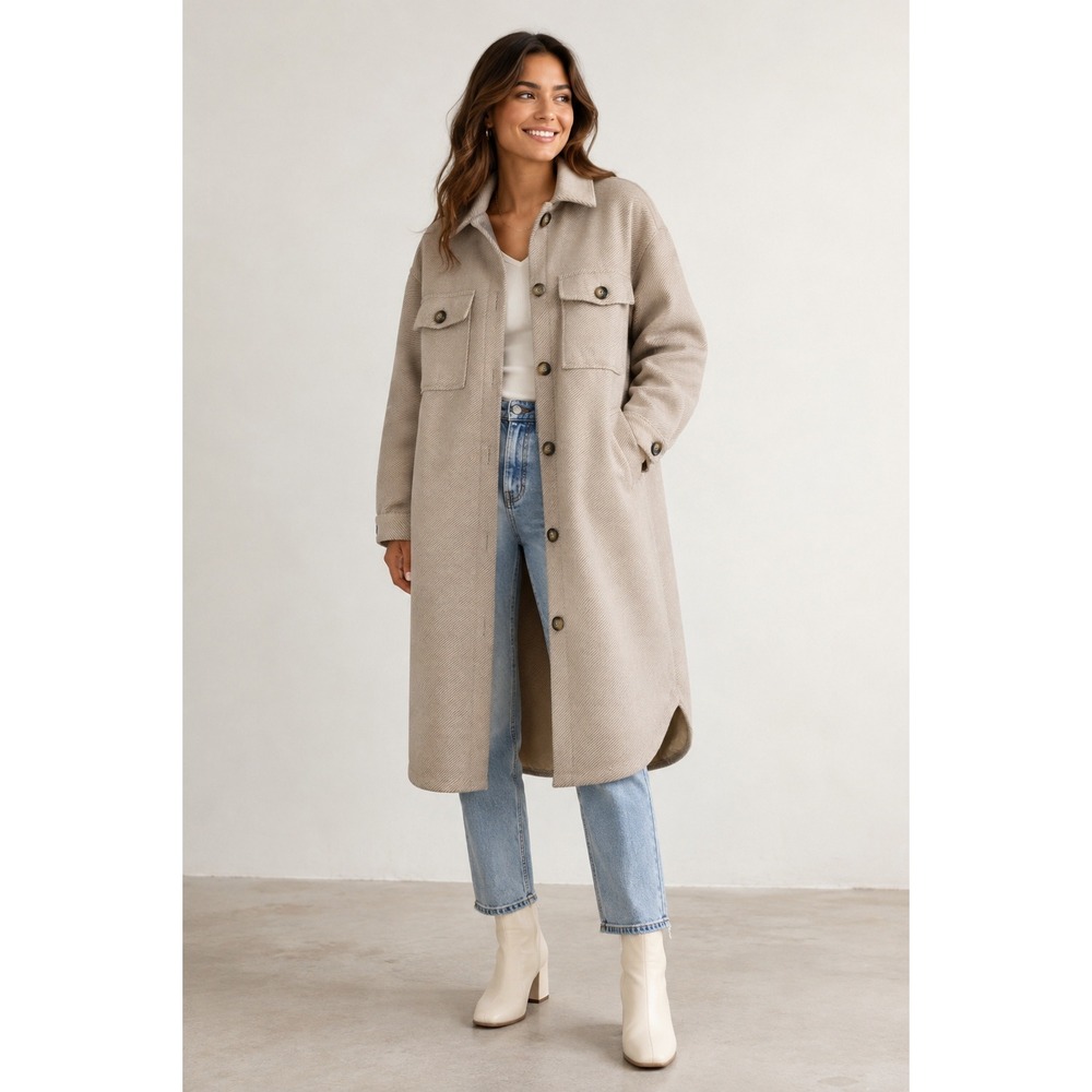 Missguided Shacket Women US 6 Beige Longline Oversized Twill Neutral Fall